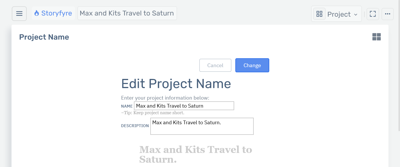 Storyfyre Origin Project: Edit Name/Desc