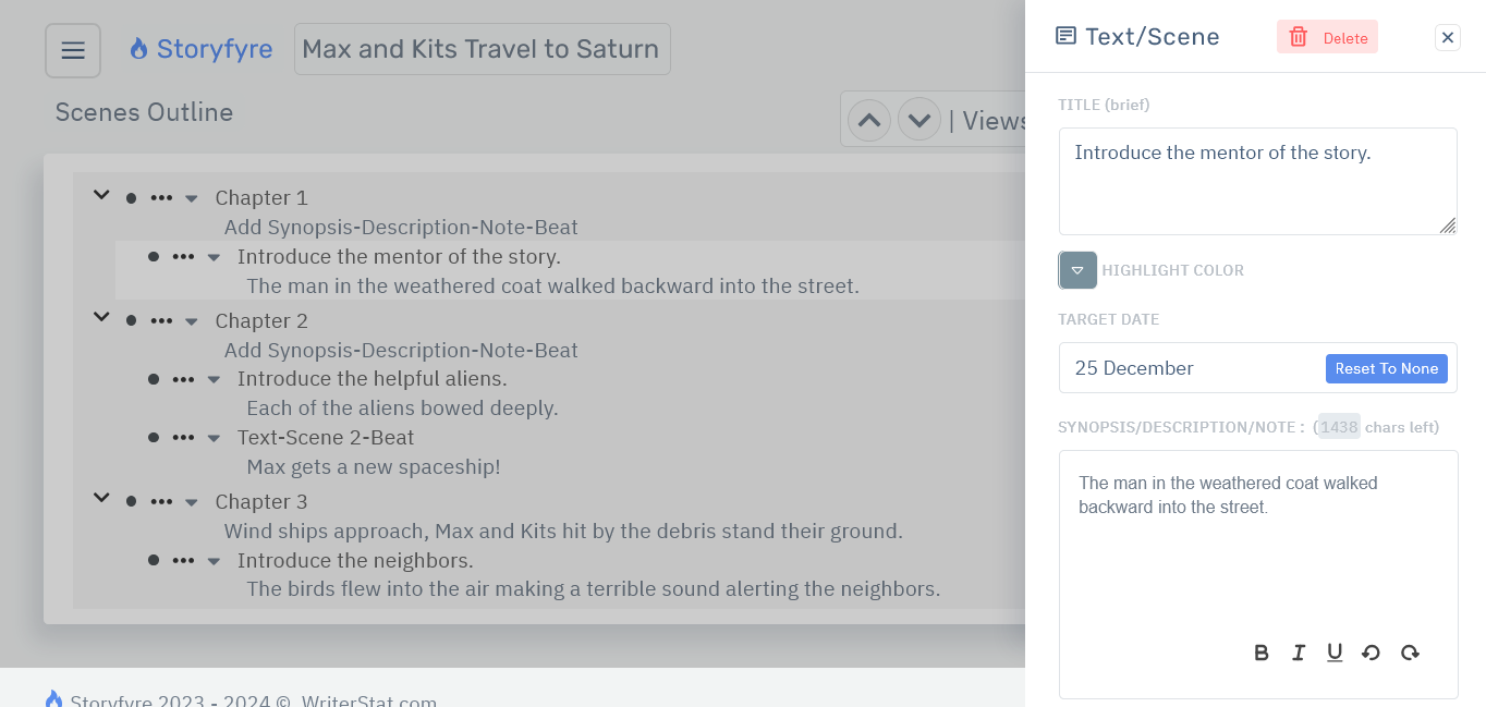 Storyfyre Origin Scenes Outline: Scene Edit