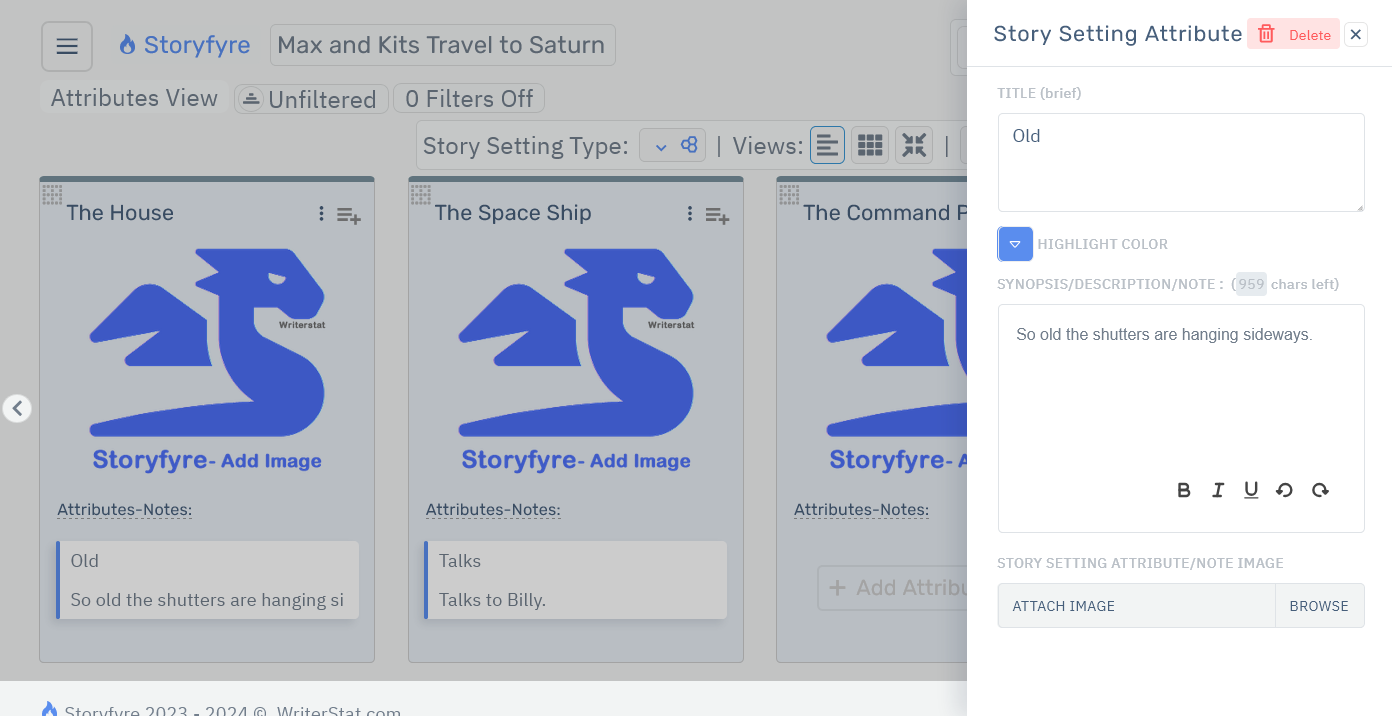Storyfyre Origin Story Settings: Story Setting Attribute Edit