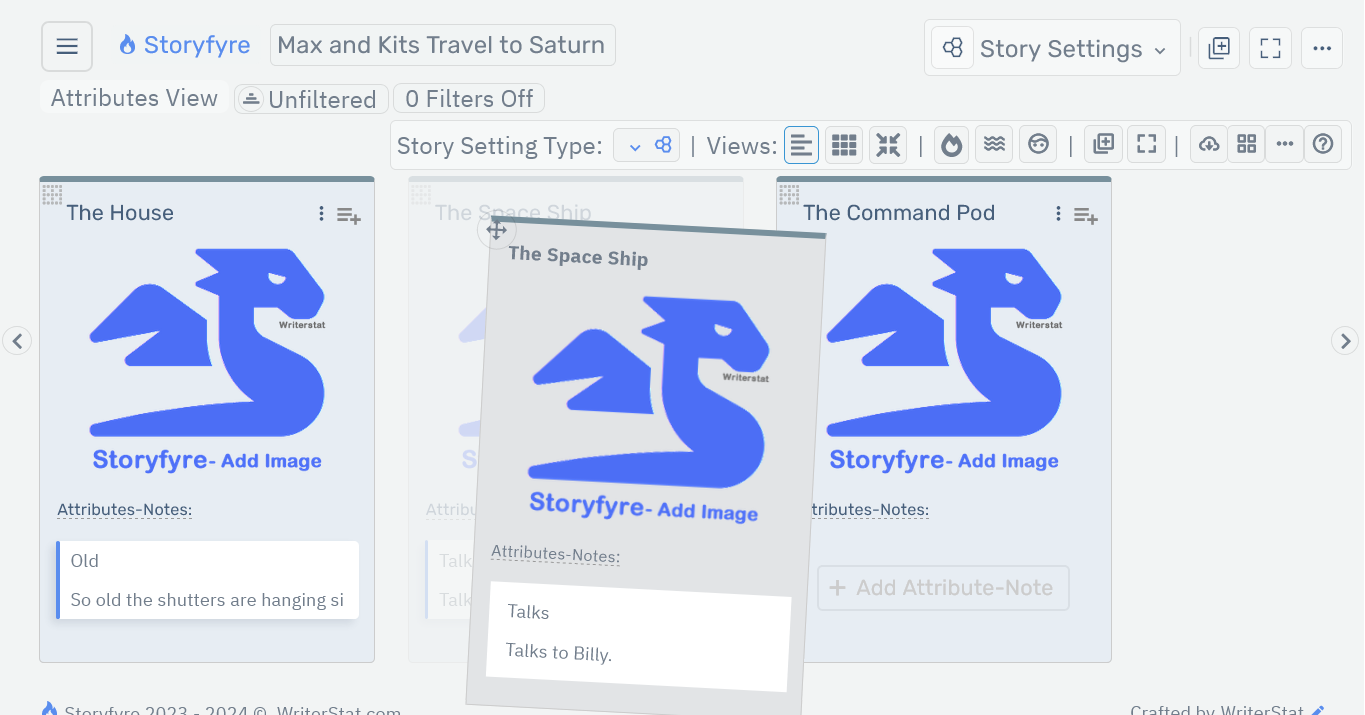 Storyfyre Origin Story Settings: Story Setting Move/Drag