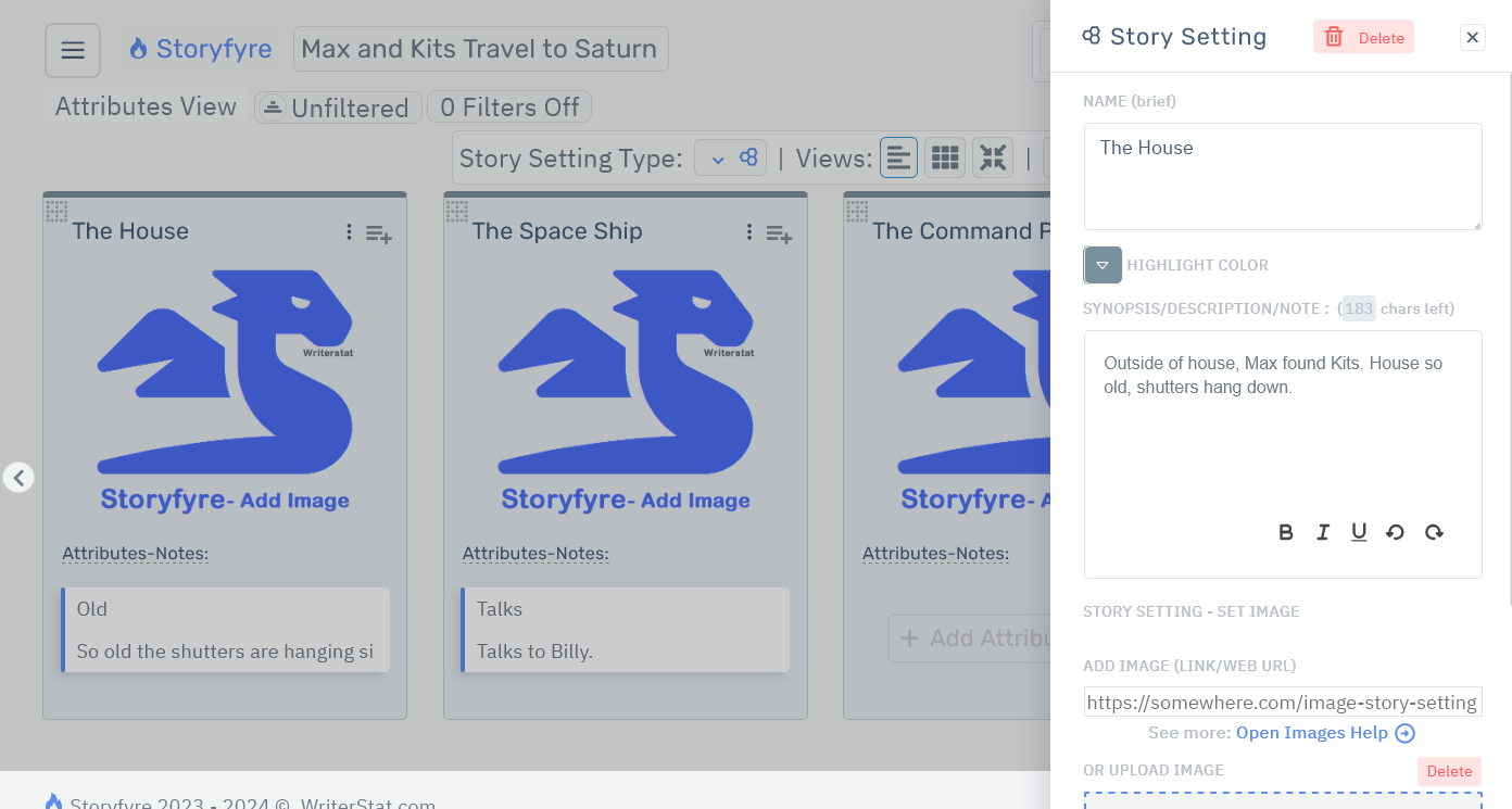 Storyfyre Origin Story Settings: Story Setting Edit