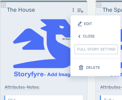 Storyfyre Origin Story Settings: Story Setting Ellipse Menu